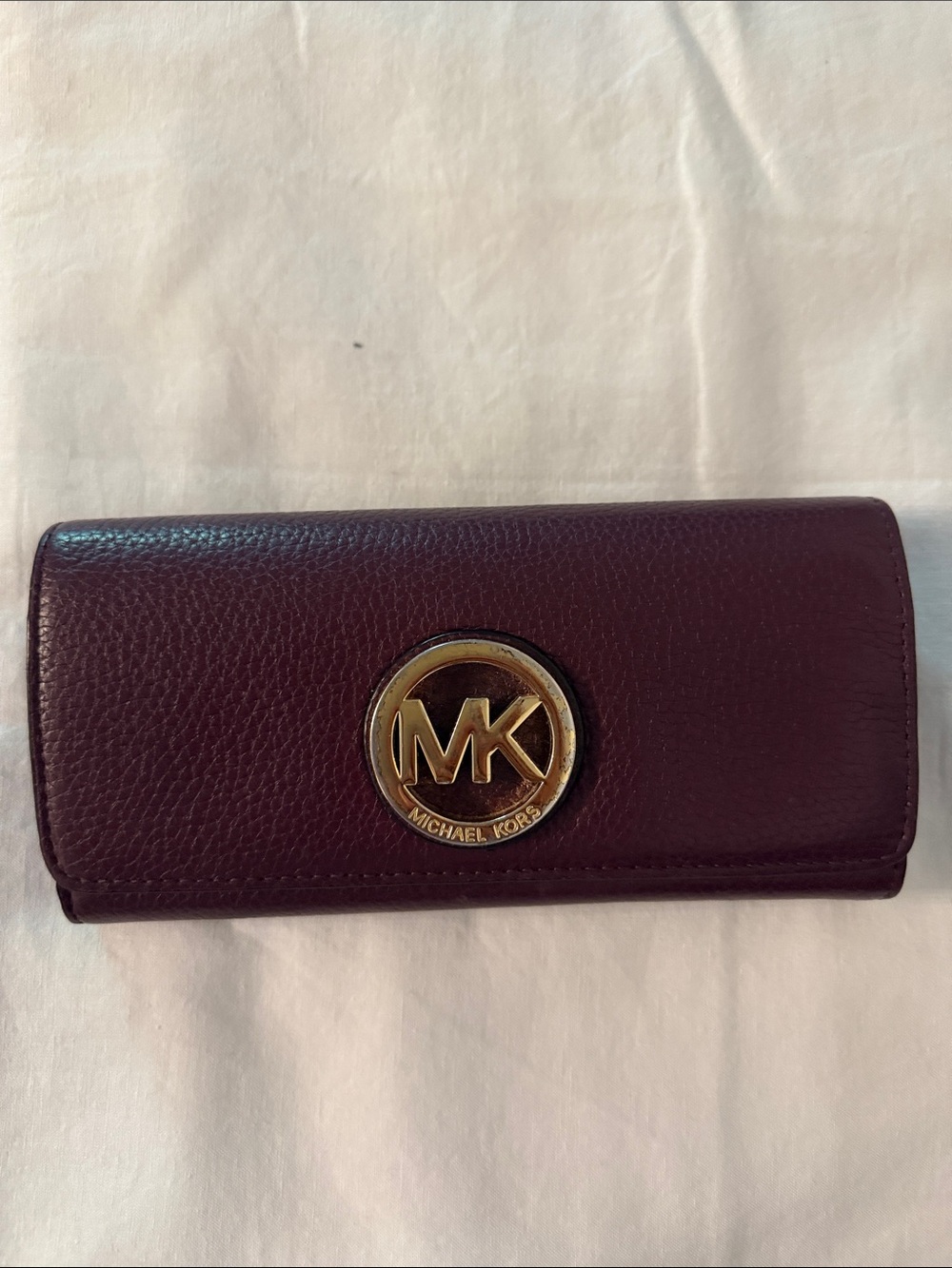 Michael Kors Maroon Leather Continental Wallet with Gold MK Logo
